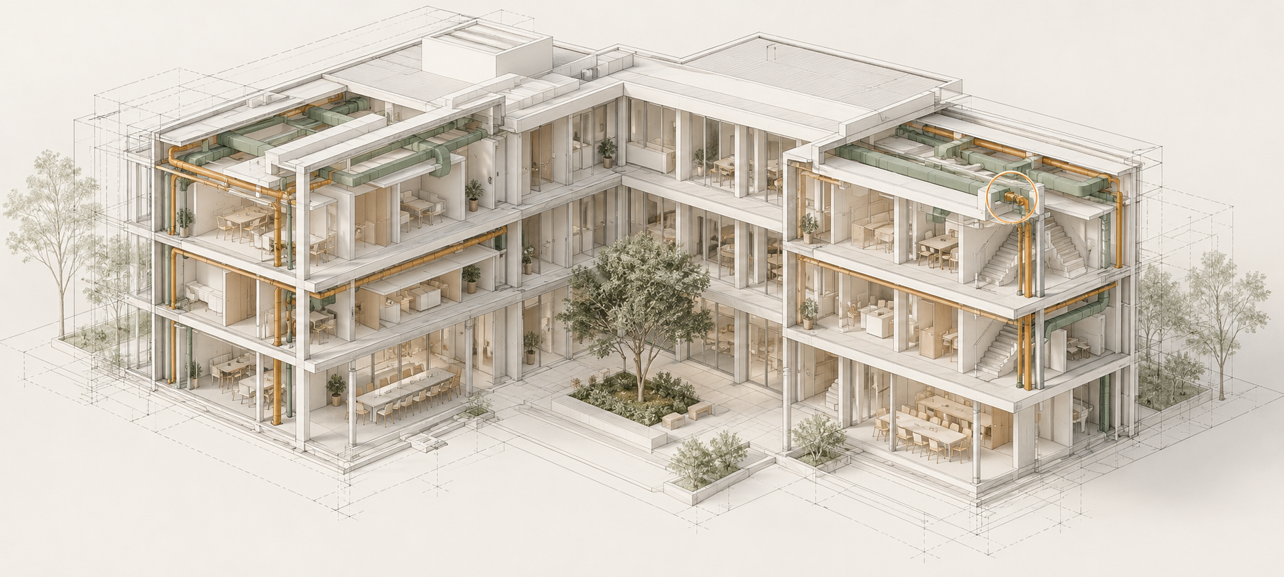 Cutaway building model coordinating structure and engineering systems