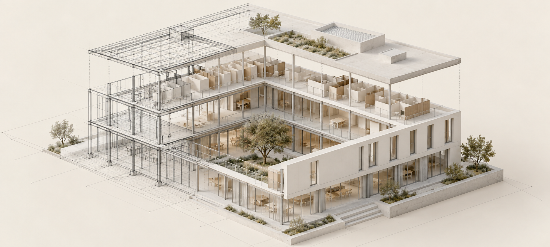 Exploded architectural model showing development from wireframe to detailed building