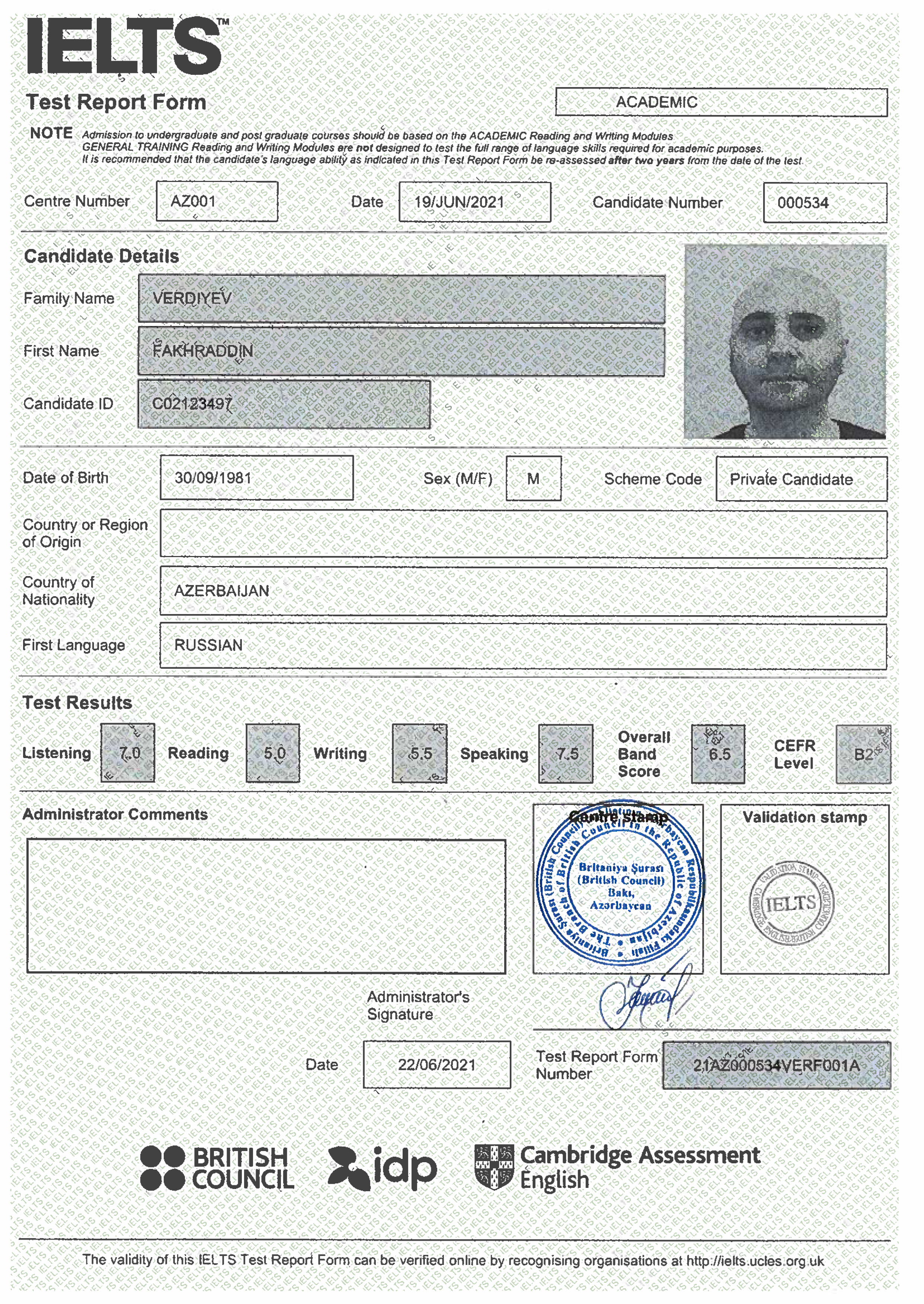 IELTS Academic certificate