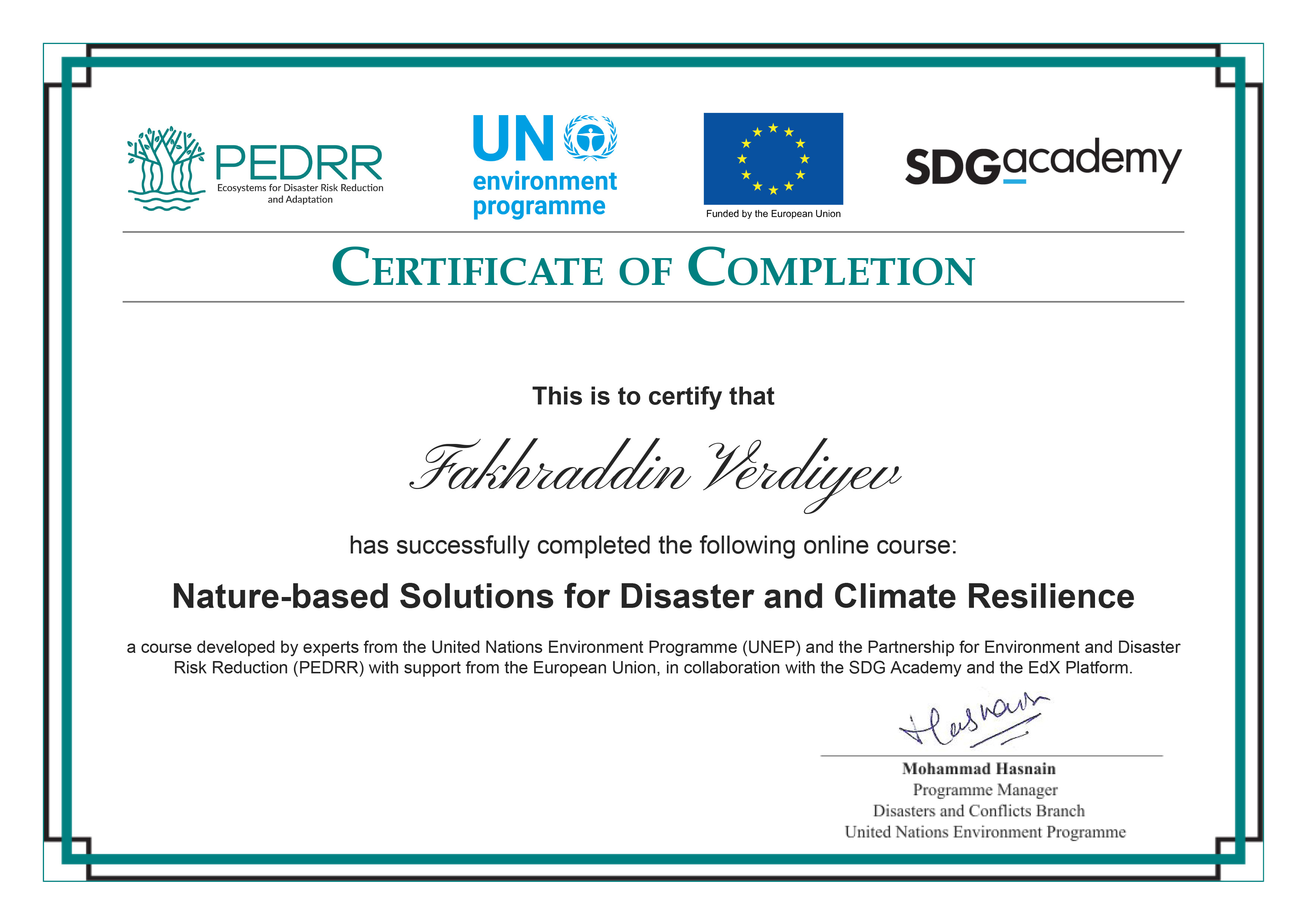 Nature-based Solutions for Disaster and Climate Resilience certificate