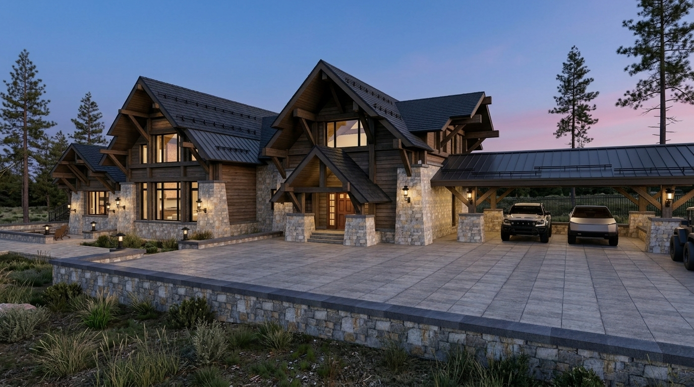 Kuzun House entrance, forecourt and covered parking